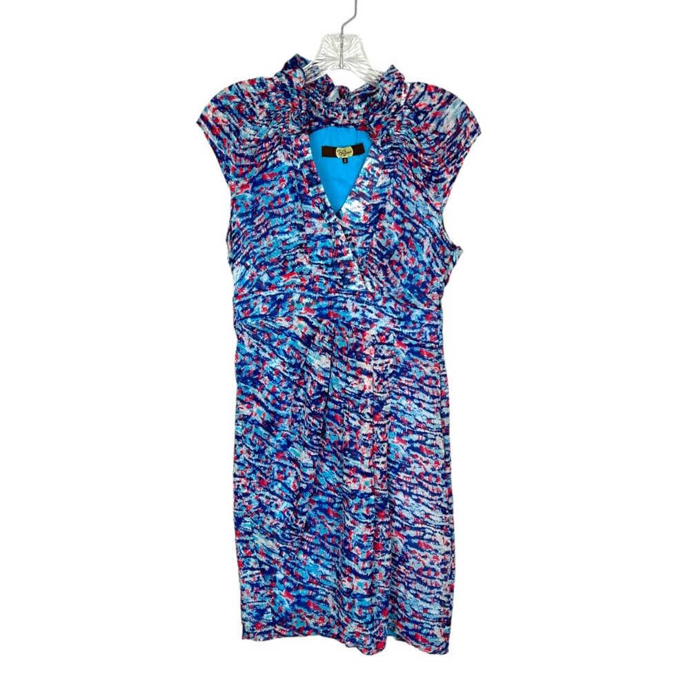 Eva Franco Womens Silk V Neck Cap Sleeve Dress Blue Red Abstract Print size 2